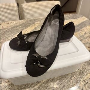 Stuart Weitzman Black Suede Flats with Bow Accent Silver Hardware